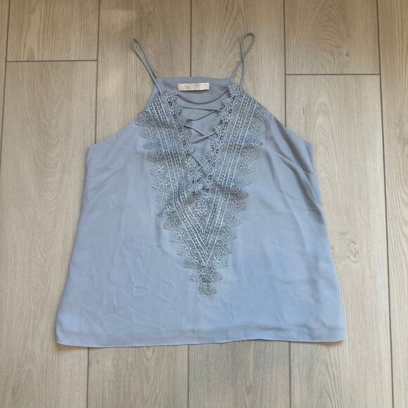WAYF Posie Pearl Blue lace up criss cross plunge chiffon tank top blouse cami - Picture 4 of 6